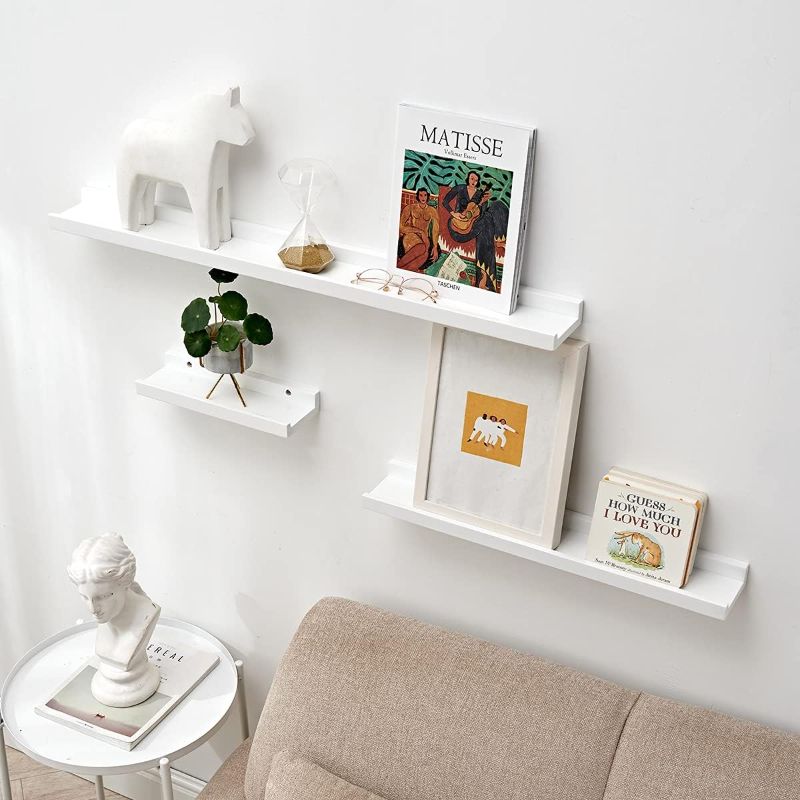 Photo 1 of White Floating Shelves Oak Picture Ledge Shelf Wall Mounted Display Storage Shelf Wall Shelves for Bedroom, Living Room, Bathroom, Kitchen, Nursery, Office,24 Inches
