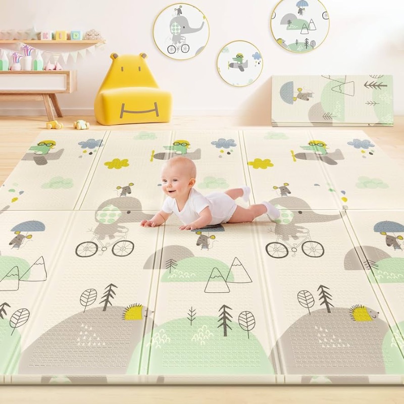 Photo 1 of 79/''x71/''x0.6/'' Extra Large Waterproof Foldable Baby Floor Play Mat, XPE Foam Playmat for Infants Babies from Newborns to Toddlers, Crawl Walk, Reversible & Portable Elephant Track Pattern
