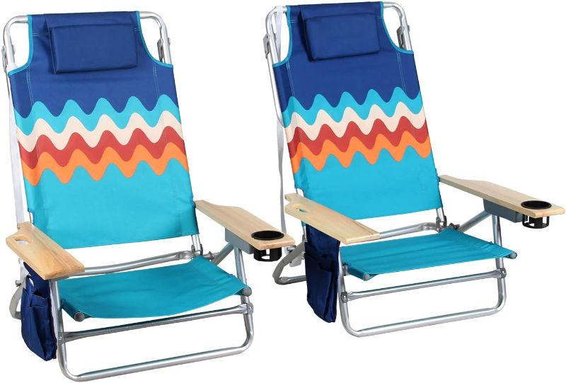 Photo 1 of ALPHA CAMP Camping Folding Beach Chair Oversized Heavy Duty Steel Frame Support 250 LBS Collapsible Padded Arm Chair with Cup Holder Quad Lumbar Back Chair Portable for Outdoor/Indoor?Wave
