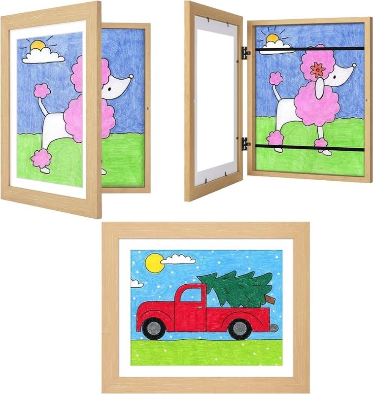 Photo 1 of Kids Woodgrain Art Frame- 10x12.5 with Mat, 8.5x11 Without Mat, Changeable Front Opening, Holds Drawings, Crafts