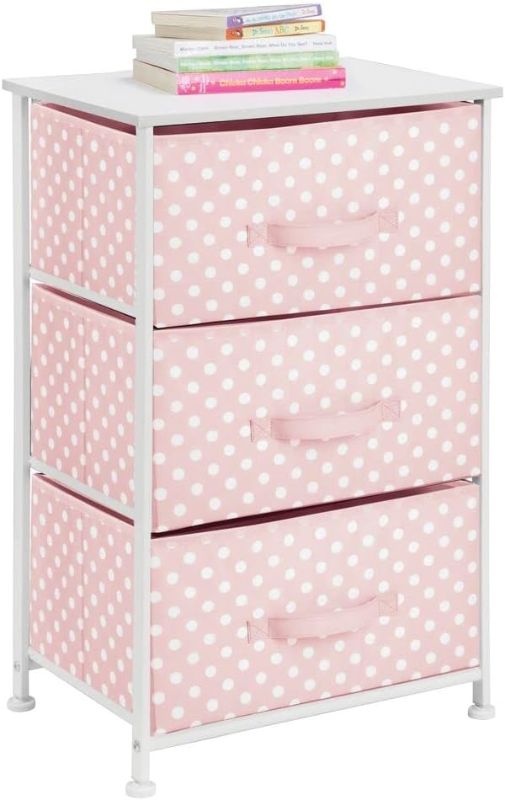 Photo 1 of ***USED - MISSING SIDE PIECE***
mDesign Storage Dresser End/Side Table Night Stand Tower Unit with 3 Removable Fabric Drawers - Organizer for Baby, Kid, and Teen Bedroom, Nursery, Playroom, or Dorm, Pink/White Polka Dot