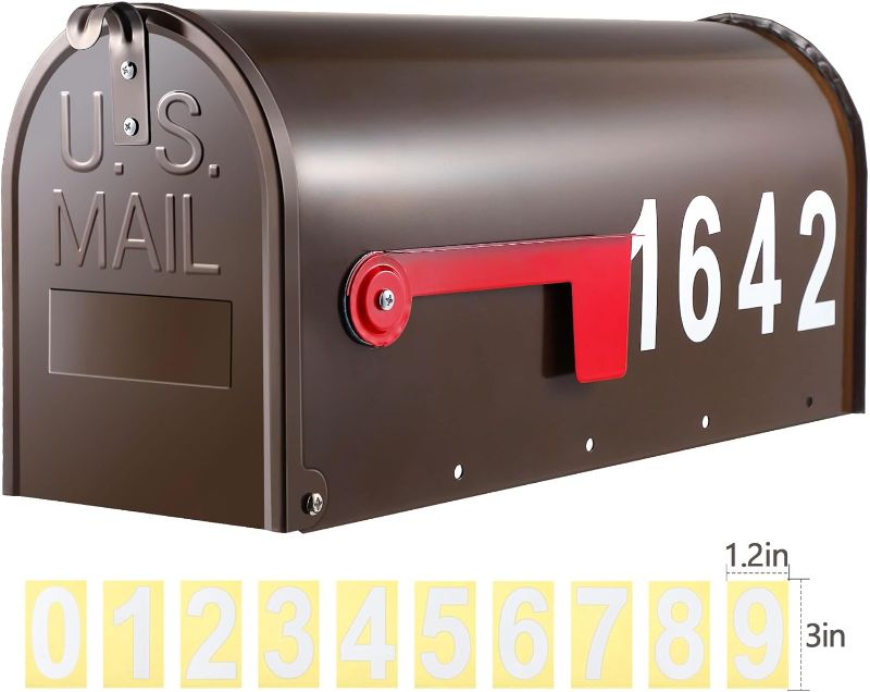 Photo 1 of Saillong Mailbox Galvanized Steel Post Mount Mailbox for Outside with 5 Set Reflective Number Stickers, Mail Holder Residential Mailbox Address Outdoor Delivery Box, Brown
