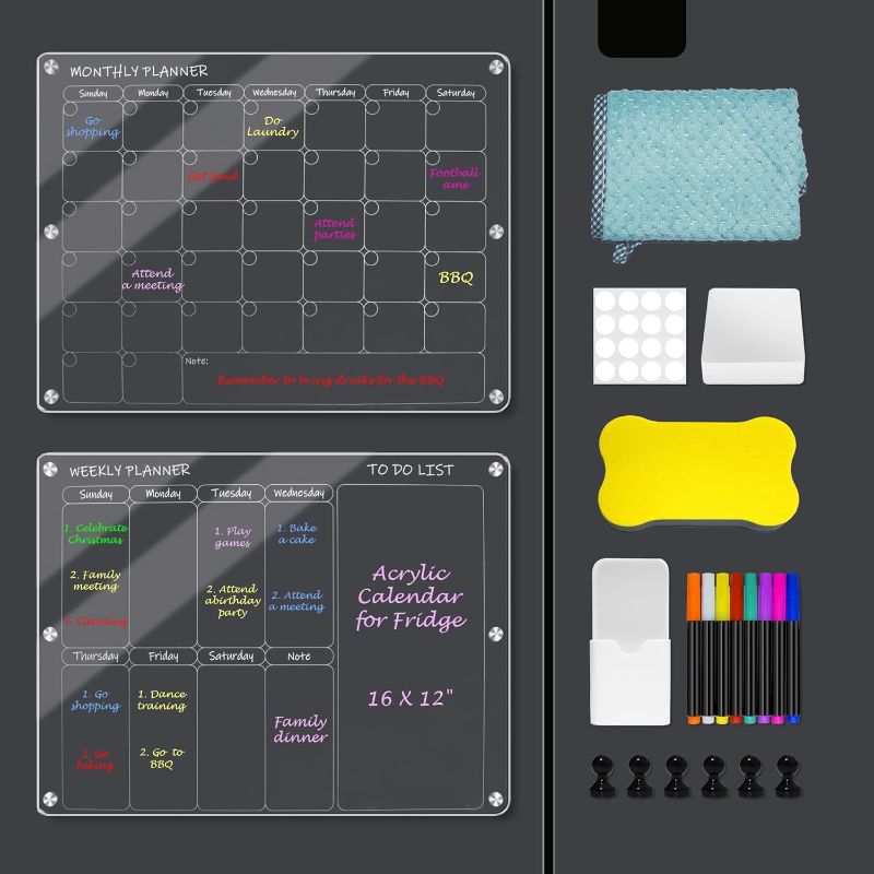 Photo 1 of Acrylic Magnetic Calendar for Fridge, 2 Set 16"X12" Clear Refrigerator Calendar, Monthly Weekly Planner and to Do List Dry Erase Board with Magnet Pen Holder,Chalk Markers
