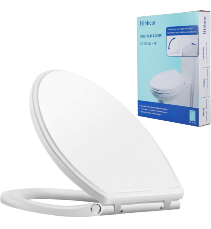 Photo 1 of Hibbent Premium Elongated Toilet Seat with Cover Quiet Close, One-Click to Quick Release, Easy Installation Non-Slip Seat Bumpers, Slow Close Toilet Seat and Cover, Easy Cleaning-White Color