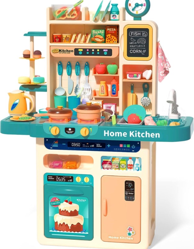 Photo 1 of CUTE STONE 93PCS Kids Kitchen Playset,Play Kitchen Toy with Realistic Lights & Sounds,Pretend Steam,Play Sink & Oven,Color Changing Play Food,Menu Board & Other Kitchen Accessories Set for Toddlers