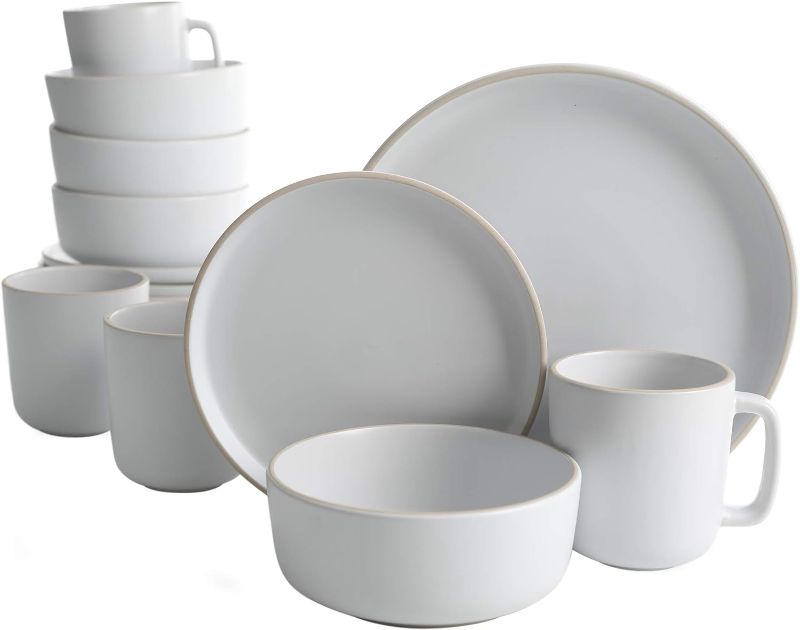 Photo 1 of **MISSING 2 BOWLS** 14 PIECES ONLY**
Gibson Home Zuma 16 Piece Round Kitchen Dinnerware Set, Dishes, Plates, Bowls, Mugs, Service for 4, Matte Stoneware, White
