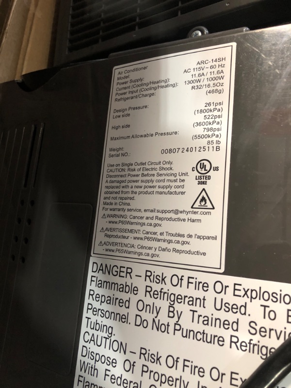 Photo 6 of **ITEM IS MISSING REMOTE**
Whynter Portable Air Conditioner 14,000 BTU with Dual Hose Dehumidifier & Cooling Fan for 500 Sq Ft Rooms, Includes AC Unit Window Kit, ARC-14S (9,500 BTU SACC)