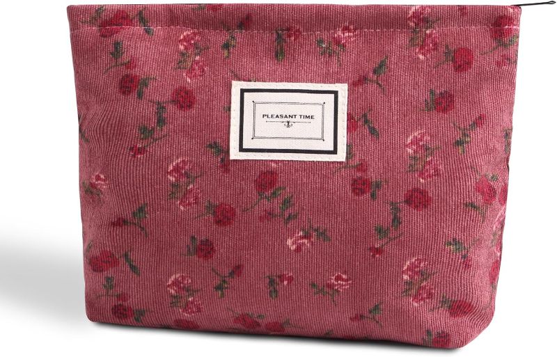 Photo 1 of ** two pack bundle** Large Aesthetic Makeup Bag Floral Cute Mushrooms Makeup Bag Cosmetic Bag for Women, Large Capacity Canvas Makeup Bags (Pink rose)
