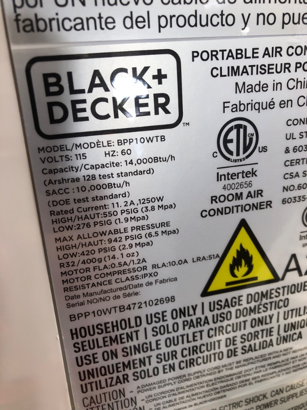 Photo 5 of **PARTS ONLY NON REFUNDABLE** READ NOTES**
BLACK+DECKER Air Conditioner, 14,000 BTU Air Conditioner Portable for Room up to 700 Sq. Ft., 3-in-1 AC Unit, Dehumidifier, & Fan, Portable AC with Installation Kit & Remote Control
