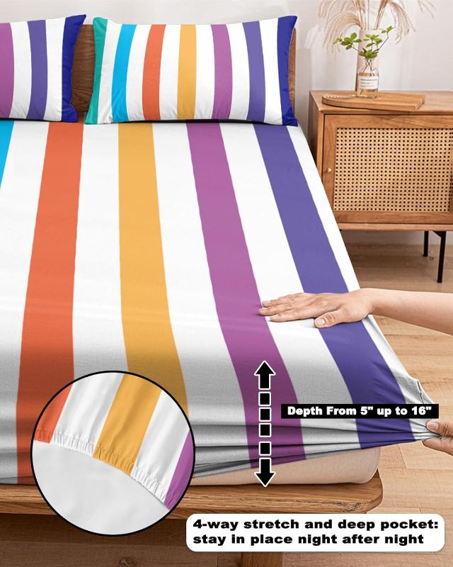 Photo 1 of ***STOCK PHOTO REFERENCE ONLY*** Queen Fitted Bed Sheet Deep Pocket,Rainbow Stripes on White Bedding Sheet Soft Brushed Microfiber Fitted Sheets,Classic Colorful Stripe Hotel Luxury Fitted Bottom Sheet with Pillowcase Set