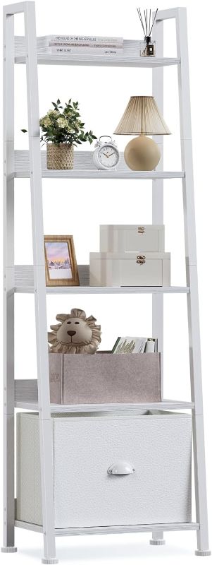 Photo 1 of ***STOCK PHOTO REFERENCE ONLY***Furologee 5 Tier Bookshelf with Drawer, Tall Narrow Bookcase with Shelves, Wood and Metal Book Shelf Storage Organizer, Modern Display Standing Shelf Unit for Bedroom, Living Room, Office, White