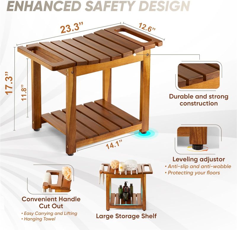 Photo 4 of (READ FULL POST) BLUEWEST Shower Bench Seat with Storage Shelf, Natural Wood Shower Benches for Inside Shower to Sit on, Waterproof Bathroom Spa Bench Stool for Legs Shaving with Built-in Handle & Shower Head Holder 2 tier