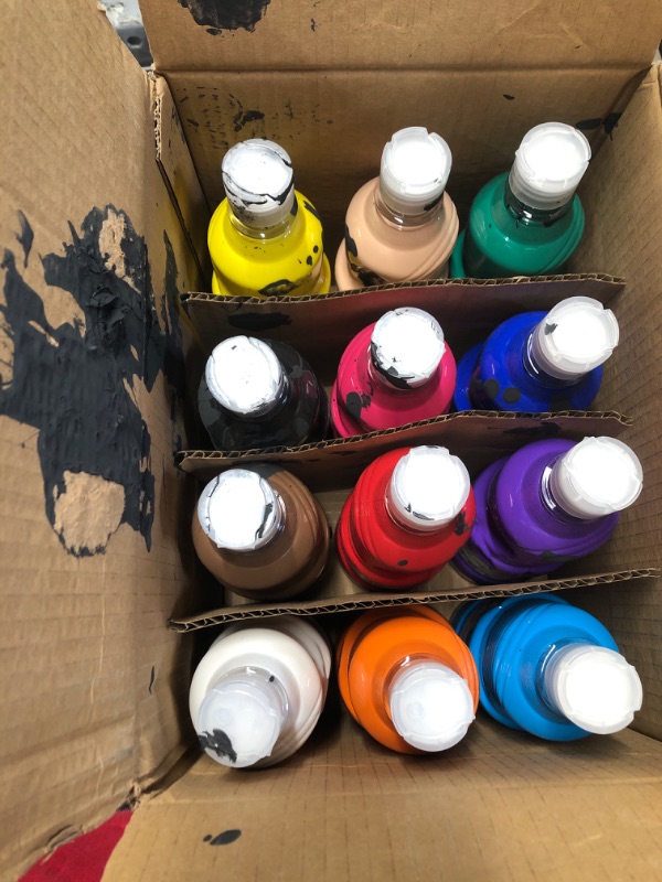 Photo 2 of **DAMAGE** Prang Washable Tempera Paint, Assorted Colors, 16 Oz., 12 Count *Black bottle leaked, see photos* 
