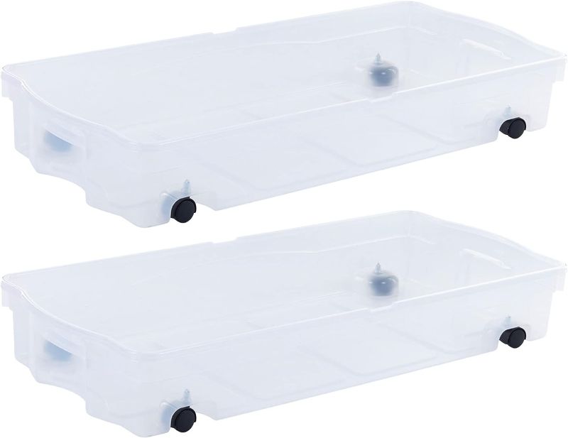 Photo 1 of **DAMAGE** Rubbermaid Under Bed Wheeled Storage Box, 68 Qt 2-Pack, Made in USA, Plastic Containers with Dual-Hinged Lids and Sturdy Wheels, Visible Organization for Tight Spaces *Both lides cracked*