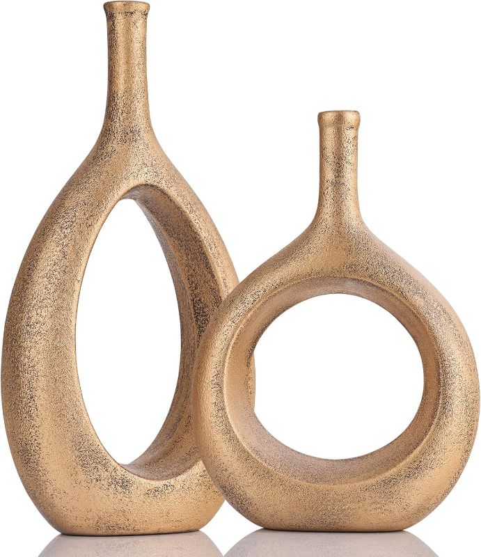 Photo 1 of **DAMAGE** Gold Ceramic Hollow Elliptical Vase Set of 2 - Boho Circle Vase with Hole, for Modern Gold Table Decor, Living Room Decor Shelf mid Century Modern Home Entrance Decorative vase *Bigger vase broke*
