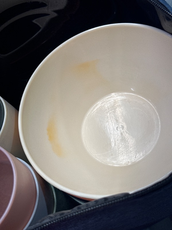 Photo 3 of ***USED ONE BOWL STAINED***Plastic Dinnerware Sets 32 Piece Service for 8 With a Portable Oragnizer Bag, Reusable Plates and Bowls Sets include Cups, Bowls, Dishes for Home, Camping, Picnic, Outdoor (Mutil Color) 1.Mutil Color