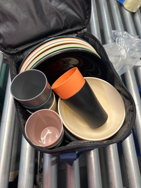 Photo 1 of ***USED ONE BOWL STAINED***Plastic Dinnerware Sets 32 Piece Service for 8 With a Portable Oragnizer Bag, Reusable Plates and Bowls Sets include Cups, Bowls, Dishes for Home, Camping, Picnic, Outdoor (Mutil Color) 1.Mutil Color