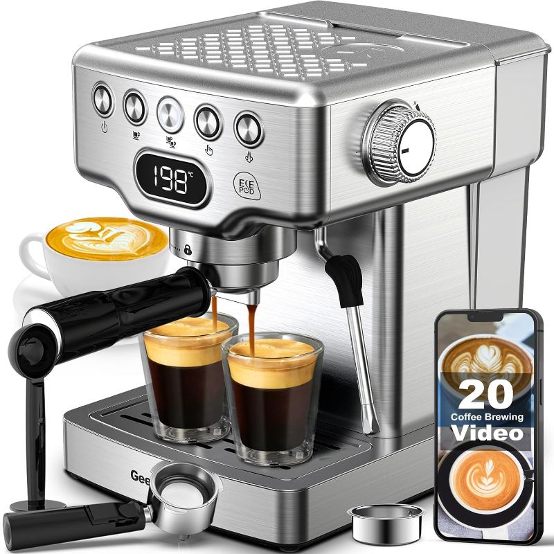 Photo 1 of Geek Chef Espresso Machine, 20 Bar Coffee Machine, Fast Heating Automatic, Latte & Cappuccino Maker with Milk Frother Steam Wand, 1.8L Water Tank, Temperature Display, Stainless Steel