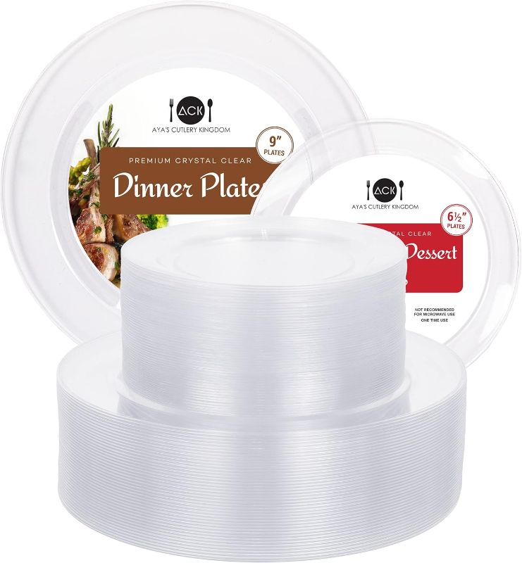 Photo 1 of **DAMAGED BOX***Aya's 100 Clear Plastic Plates Disposable, Heavy-Duty Plastic Plates - 50 Plastic Dinner Plates 9" + 50 Salad, Dessert, Appetizer Plates 6.25" for Weddings - Clear Plates for Christmas Holiday Party
