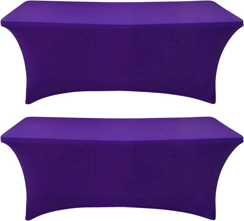 Photo 1 of 2 Pack 6 Ft Dark Purpe Spandex Table Cover Fitted Rectangular Tablecloth Stretchable Fabric Lycra Table Cloth 6 ft Wrinkle-Free for Party Tradeshows Banquet Weddings Cocktail
