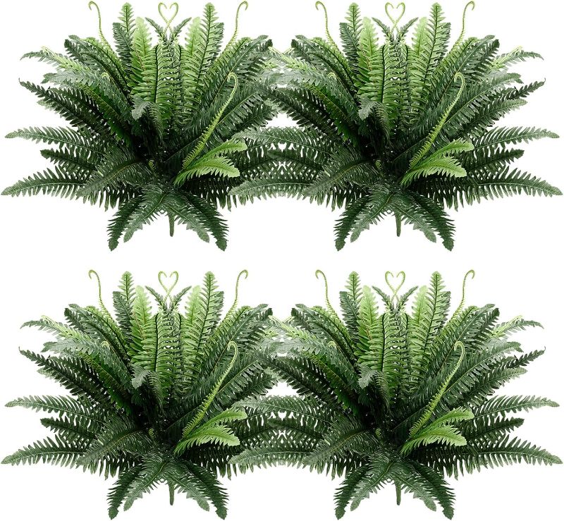 Photo 1 of 4 Pack 120 Bunches Artificial Boston Fern Bush 33.5 Inch Silk Fake Boston Fern Greenery Shrubs for Outdoor Indoor Decorating, Living Room, Bedroom, Office, Garden
