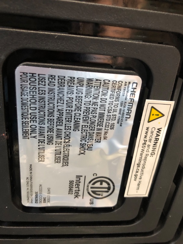 Photo 5 of **NON-REFUNDABLE- PARTAS ONLY-ERROR CODE- NOT ABLE TO START***CHEFMAN Multifunctional Digital Air Fryer+ Rotisserie, Dehydrator, Convection Oven, 17 Touch Screen Presets Fry, Roast, Dehydrate, Bake, XL 10L Family Size, Auto Shutoff, Large Easy-View Window