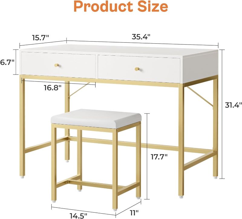 Photo 5 of (READ FULL POST) SUPERJARE 35.4" White and Gold Desk with 2 Drawers, Modern Makeup Vanity Desk with Padded Stool, Small Computer Desk Home Office Desk for Writing Study Bedroom Gold and White