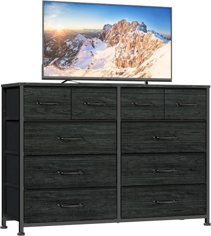 Photo 1 of (READ FULL POST) Furnulem 10 Drawer Dresser for Bedroom, Chest of Drawer for 55'' Long TV Stand Entertainment Center, Storage Organizer for Closet, Living Room, Entryway, Fabric Bins, Wood Top, Metal Frame(Black Oak)(LIKLY FOR PARTS ONLY) 
