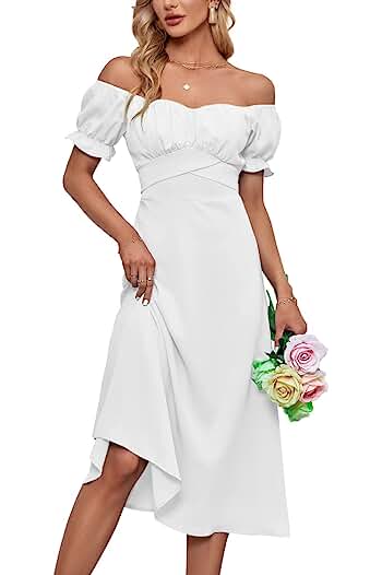 Photo 1 of (XL) Women's Off Shoulder Wrap Ruffle Puff Short Sleeve Ruched Tie Back Dress
