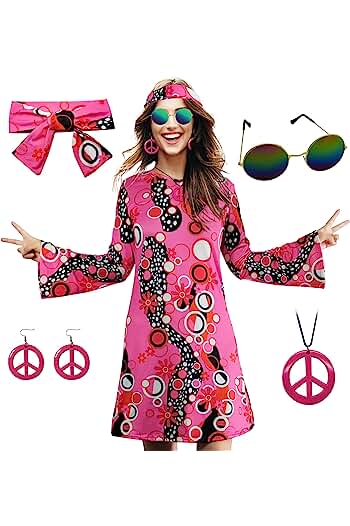 Photo 1 of (3XL) 60s 70s Hippie Dress Costumes Necklace Earrings Sunglass Women Outfit Halloween