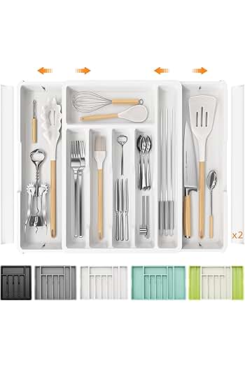 Photo 1 of (STOCK PHOTO FOR REFERENCE ONLY/ SEE PICS FOR EXACT ITEM) Silverware Drawer Organizer, Expandable Utensil Tray for Kitchen Drawers, Adjustable Plastic Cutlery Flatware Holder for Knife Fork Spoon with 8-10 Compartments (Large, White)
