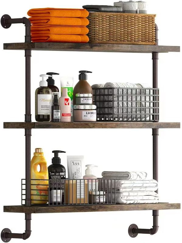 Photo 1 of Helsin 3 Tier Industrial Pipe Shelf Rustic Wood Floating Shelves,Wall Display Bookshel