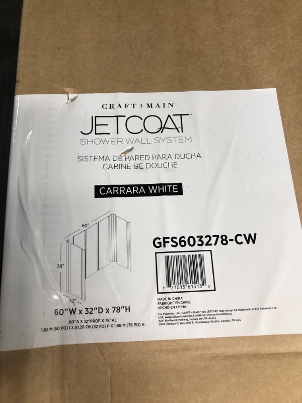 Photo 3 of **BOX APPEARS UNOPENED**
Foremost GFS603278 Jetcoat 60 inch x 32 inch x 78 inch Five Panel Alcove Shower Wall Kit - White