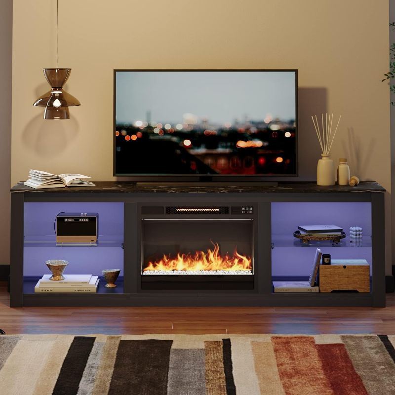 Photo 1 of **READ NOTES***Bestier Electric Fireplace TV Stand for 75 inch TV, LED Entertainment Center with Glass Shelves for Living Room Morden 70 inch TV Cabinet Black Marble