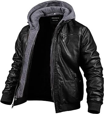 Photo 1 of CREATMO US Men's Faux Leather Jacket Motorcycle Jacket Waterproof Windproof PU Moto Vintage Bomber Hoodie with Removable Hood 2XL