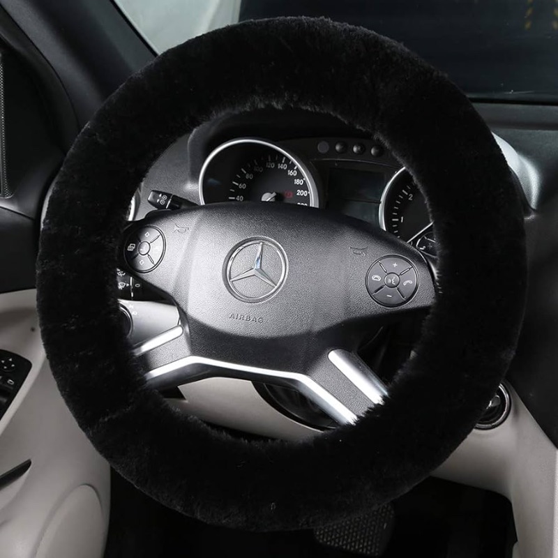 Photo 1 of Fluffy Wool Sheepskin Fuzzy Black Car Steering Wheel Cover