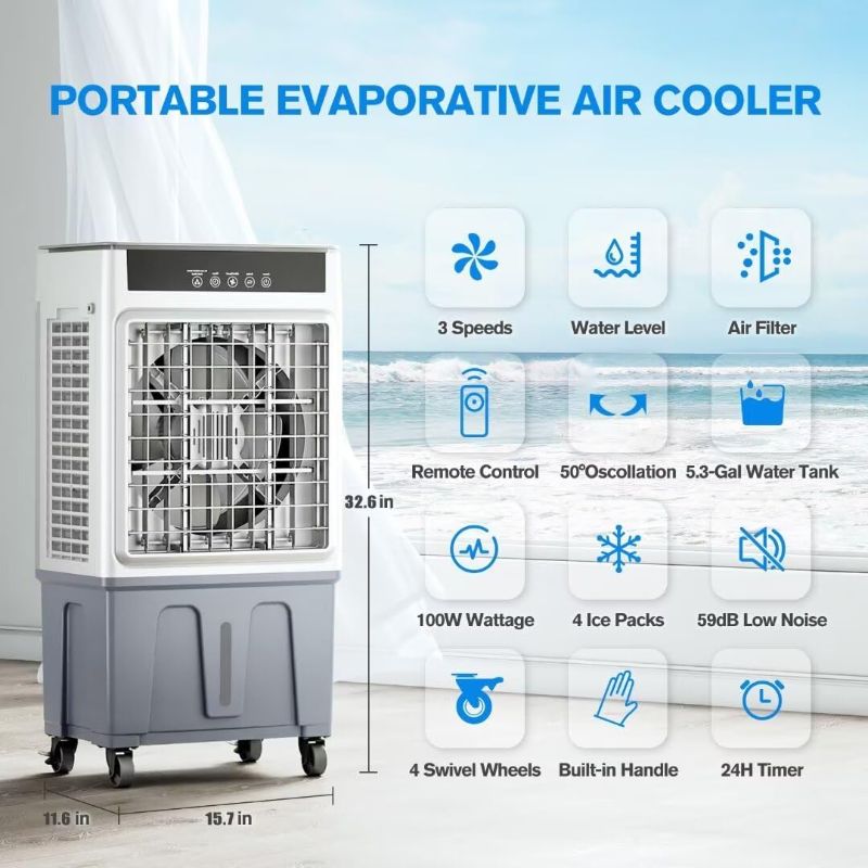 Photo 1 of ***USED - MISSING REMOTE AND WHEELS***
2200CFM Portable Air Conditioners w/Remote, 3-IN-1 Evaporative Swamp Air Cooler w/Remote, 24H Timer, 5.3 Gal Water Tank & 4 Ice Packs, 50°Oscillation, 3 Speeds For Outdoors/Indoors, Home Office L88Y01