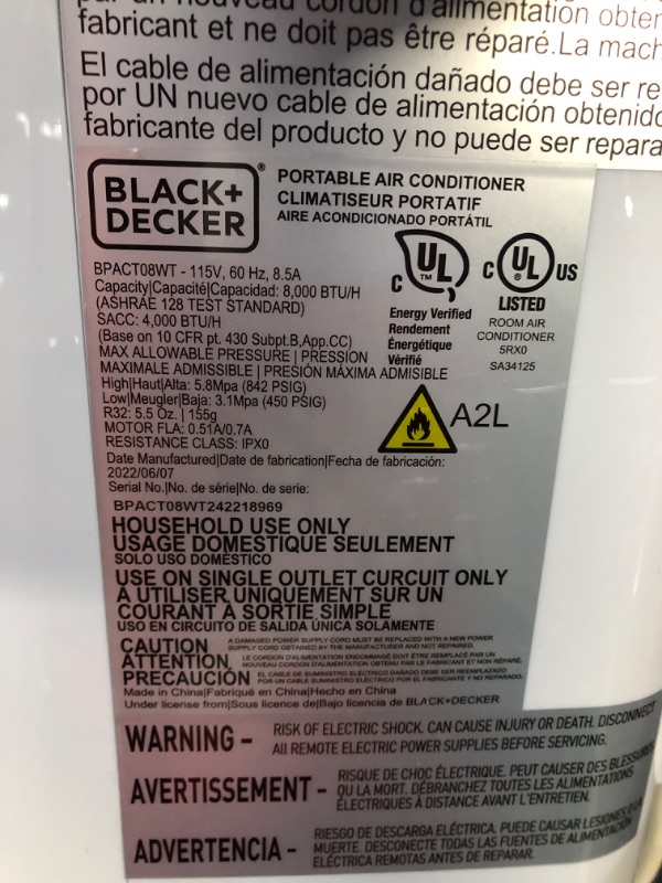 Photo 3 of ***MISSING REMOTE AND DUCTING - SEE PICTURES - NO PACKAGING - POWERS ON - UNABLE TO TEST FURTHER***
BLACK+DECKER 8,000 BTU Portable Air Conditioner up to 350 Sq.Ft.with Remote Control, White