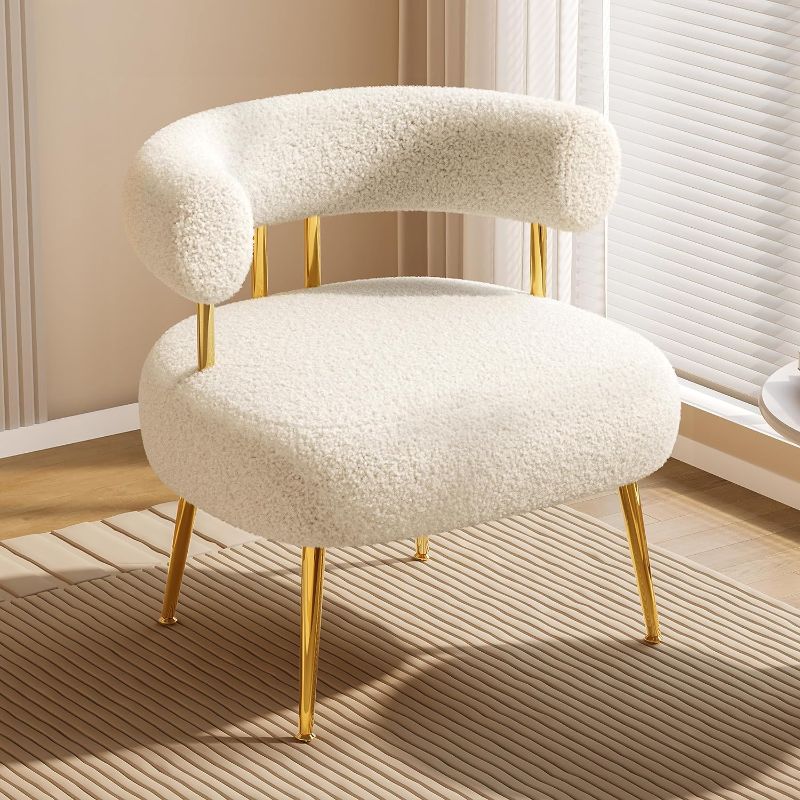 Photo 1 of Modern Sherpa Boucle Accent Arm Chair, Comfy Upholstered Barrel Couch Armchair for Small Spaces, Cream White