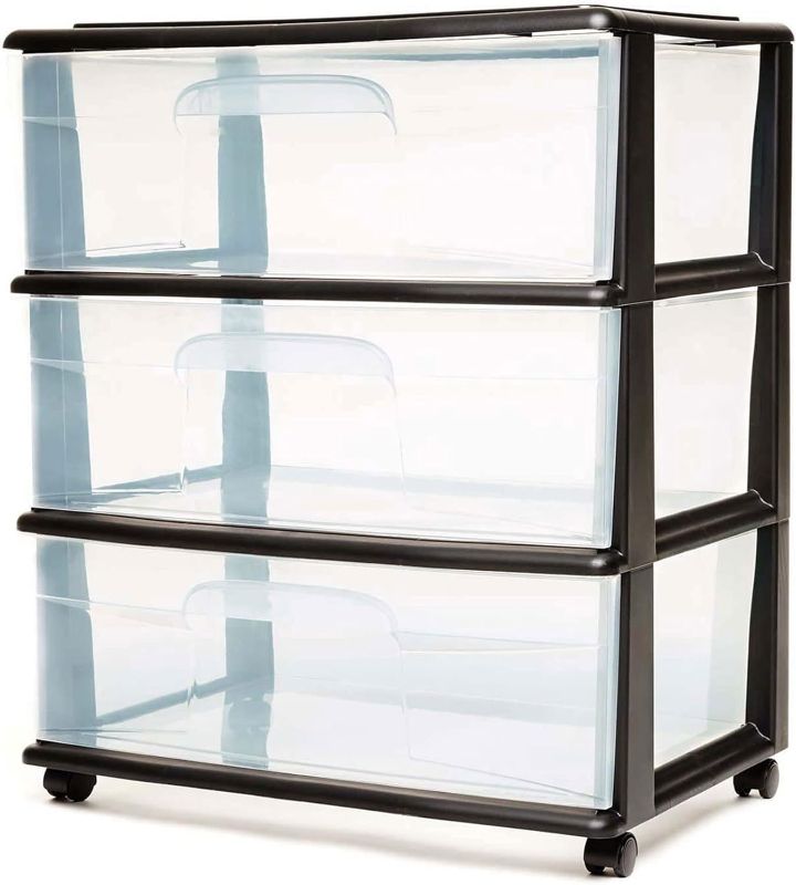 Photo 1 of Homz Heavy Duty 3 Durable Clear Plastic Drawers Tall Wide Rolling Storage Cart with 4 Wheels Black