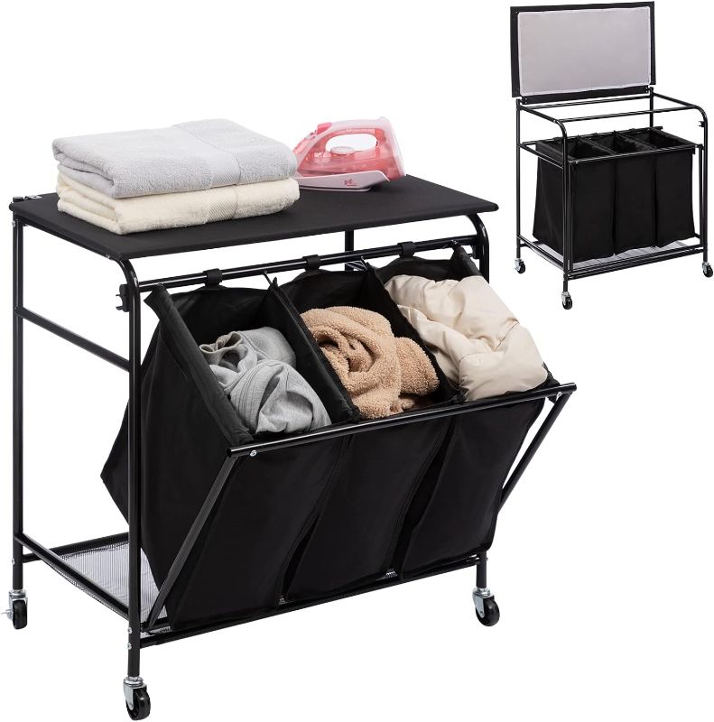 Photo 1 of ALIMORDEN Laundry Sorter with Sturdy Ironing Board and Folding Table Top Lid, Laundry Organizer 4 Wheels  Black