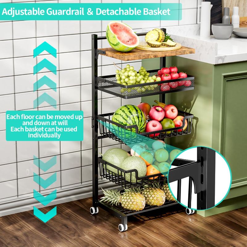 Photo 5 of (READ FULL POST) HapiRm 5 Tier Fruit Basket Kitchen Storage Cart, Adjustable Fruit and Vegetable Basket, Wooden Top Table Fruit Rack