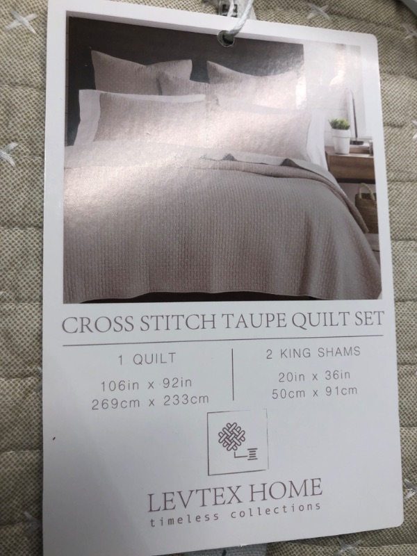 Photo 4 of Levtex Home - Cross Stitch Quilt Set - 100% Cotton - King/Cal King Quilt (106x92in.) + 2 King Shams (36x20in.) - Taupe 