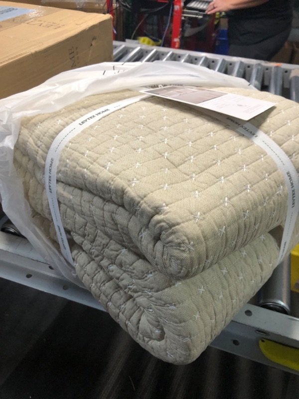 Photo 3 of Levtex Home - Cross Stitch Quilt Set - 100% Cotton - King/Cal King Quilt (106x92in.) + 2 King Shams (36x20in.) - Taupe 