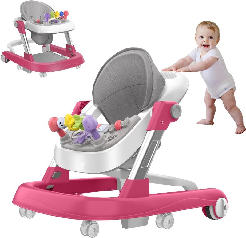 Photo 1 of (Rose-red) Baby Walker, 6-Gear Height Adjustable Foldable Baby Walkers and Activity Center, Baby Walker with Wheels