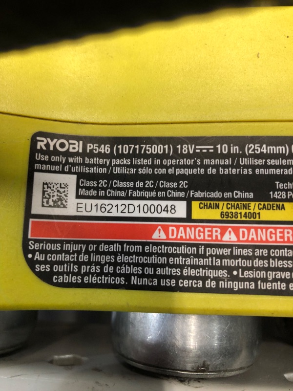 Photo 1 of ***USED AND DIRTY - MISSING OIL CAP AND CHAIN - UNABLE TO TEST - SEE PICTURES***
Ryobi P546 10 in. ONE+ 18-Volt Lithium+ Cordless Chainsaw, Battery Included