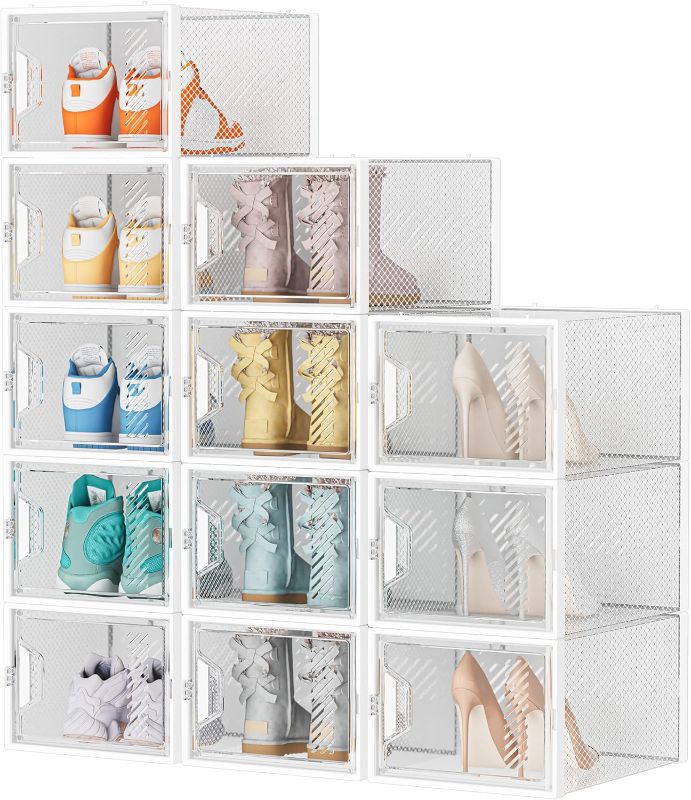 Photo 1 of 
Shoe Storage, 12 Pack X-Large Shoe Organizer for Closet, Shoe Boxes Clear Plastic Stackable Shoe Storage Boxes for Size 13