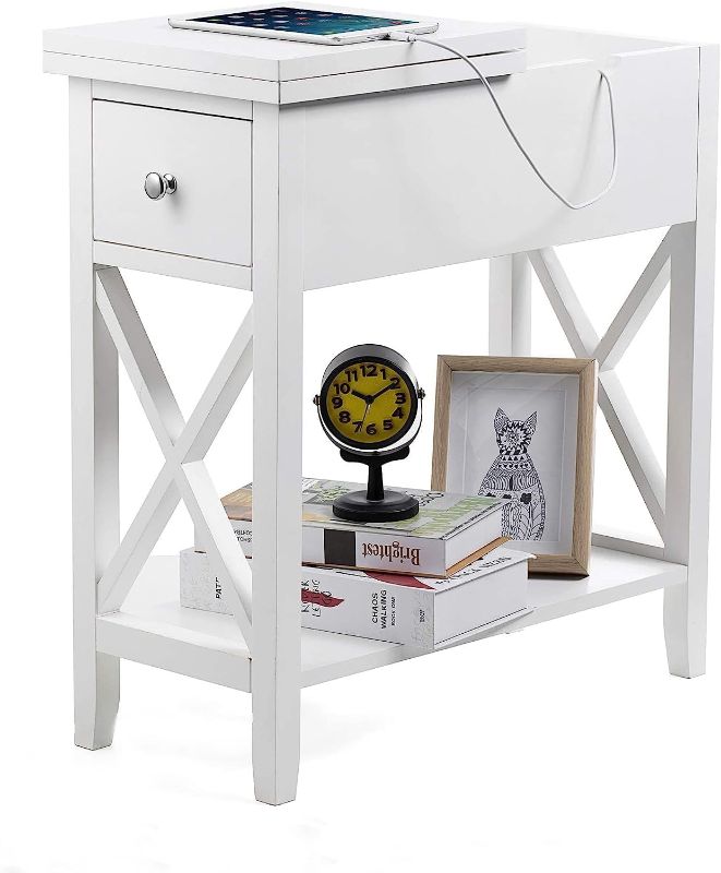 Photo 1 of **MISSING PARTS** ChooChoo End Table, MDF Material Flip Top Narrow End Table with drawer, Accent Small Side Table Nightstand for Living Room, Bedroom, and Small Spaces - White