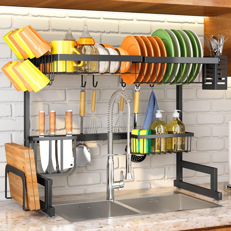 Photo 1 of (NON-REFUNDABLE) Over The Sink Dish Drying Rack, Adjustable (26.8" to 34.6") Large Dish Drainer Drying Rack for Kitchen Counter with Multiple Baskets Utensil Sponge Holder Sink Caddy, 2 Tier Black
