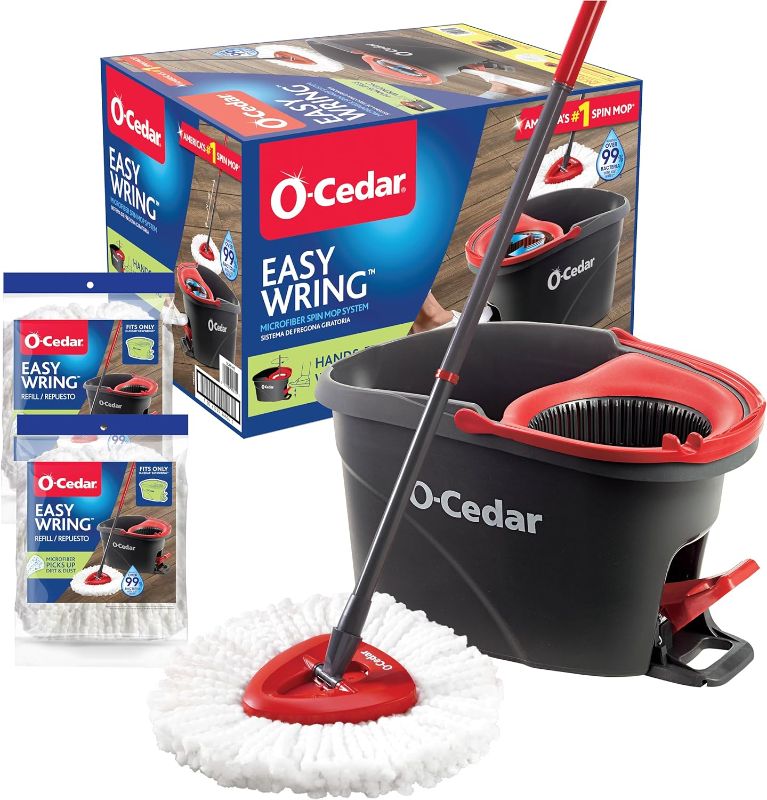 Photo 1 of 
O-Cedar EasyWring Microfiber Spin Mop & Bucket Floor Cleaning System + 2 Extra Refills, Red/Gray